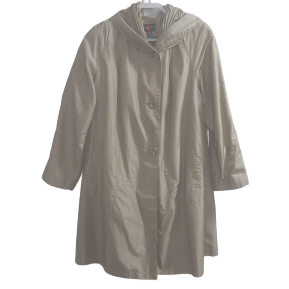 GALLERY WOMAN tan mid length lined coat women's size 2XL HOOD DISCOLORED
